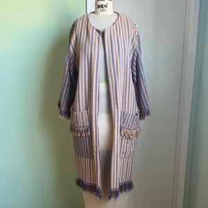 Vintage Ladies Striped Fringe Long Coat/ Beach Cover Up